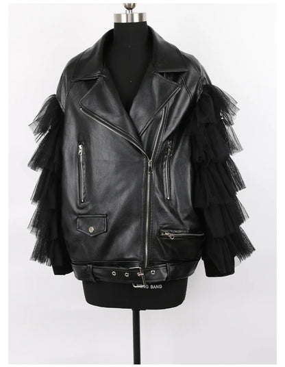 Nerazzurri Spring Autumn Loose Black Faux Leather Jacket Women with Lace Long Sleeves Zipper Belt Luxury Elegant Fashion 2022