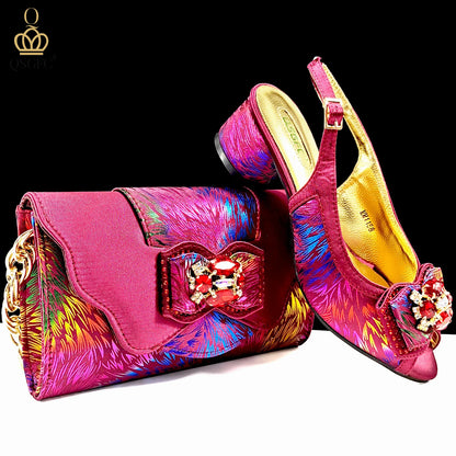 QSGFC New Design Nigerian Style Women Heels Shoes And Elegant Bag Set Color Matching Handbag Wedding Party Women Shoes