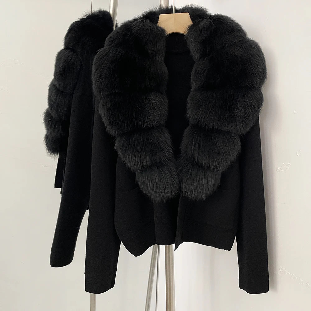 OFTBUY Loose Fit Warm Winter Fashion Lady Outerwear Sweater Female 2025 New Women's Knit Cardigan with Large Real Fox Fur Collar