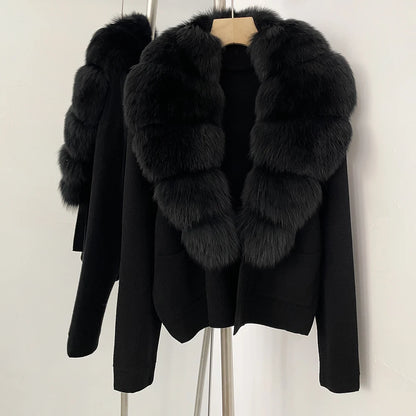 OFTBUY Loose Fit Warm Winter Fashion Lady Outerwear Sweater Female 2025 New Women's Knit Cardigan with Large Real Fox Fur Collar
