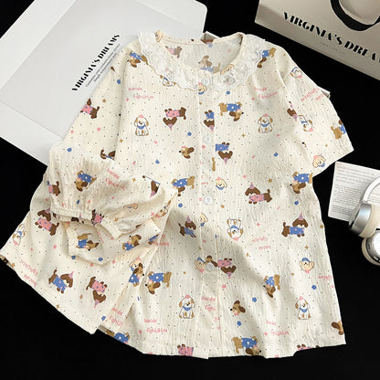 2026 Kids Girls Soft Ribbed Pajama Outfit, Breathable Short Sleeve Button Front Loungewear Set with Frill Details for Summer