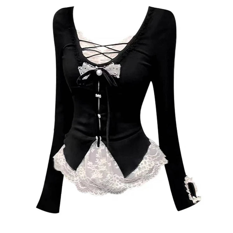 Korean Fashion Elegant Patchwork Lace Tops Slim Casual Long Sleeve Blouse 2000s American Vintage Sweet Pullover Chic