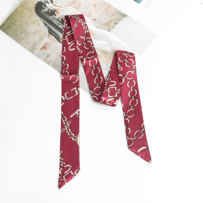 Women Print Flower Small Scarf Handle Bag Ribbons Fashion Head Scarf Small Long Skinny Scarves Headbands Tie Accessories