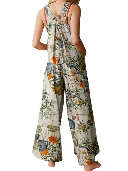 Women Plus Sizes Jumpsuit Leaf Floral Print Square Neck Sleeveless Fashion Casual Overalls with Pockets