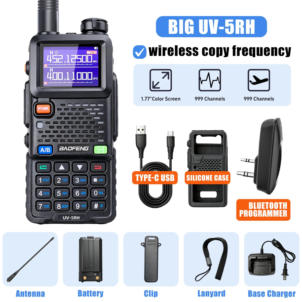 Baofeng UV5RH Walkie-Talkie, NewWireless Copy Model, Type-C NOAA Long Range 999CH, Car-Mounted Handheld Transceiver, Fleet