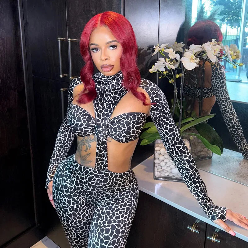 Leopard Print Straight Pants Slim Fit Jumpsuits Women Trend Sexy Strapless Patchwork Turtleneck Full Sleeve Club Party Overalls