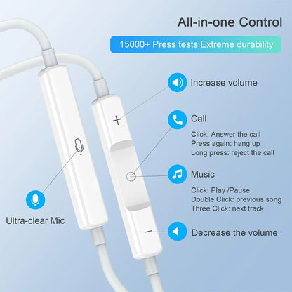Original Headphones For Apple iPhone 16 15 14 13 11 12 Pro Max Plus In-ear Lightning USB C Wired Bluetooth Earphones Accessories