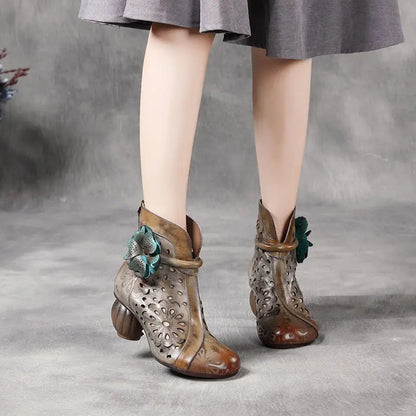 Myjyjz 6cm Genuine Leather Chunky Heels Hollow Women Shoes Ethnic Ankle Boots Zip Summer Pumps Flower Sandals (Size Runs Small）
