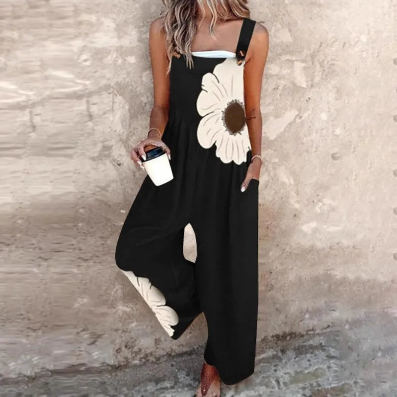 Summer Woman Jumpsuit Floral Print Romper Wide Leg Pants Overalls Black Backless Strap Jumpsuits Women's Casual Loose Fit