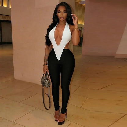 Patchwork Rave Outfit Woman Jumpsuits and Rompers Fancy Club Party Halter V-neck Backless Sleeveless Skinny One Piece Jumpsuit