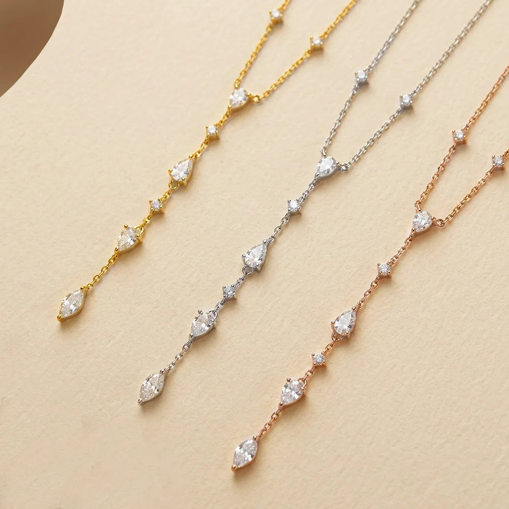 Multi Pear Marquise Moissanite Y-Shaped Necklace S925 Silver 18K Gold Plated Long Tassel Drop Chain Elegant Ladies Jewelry