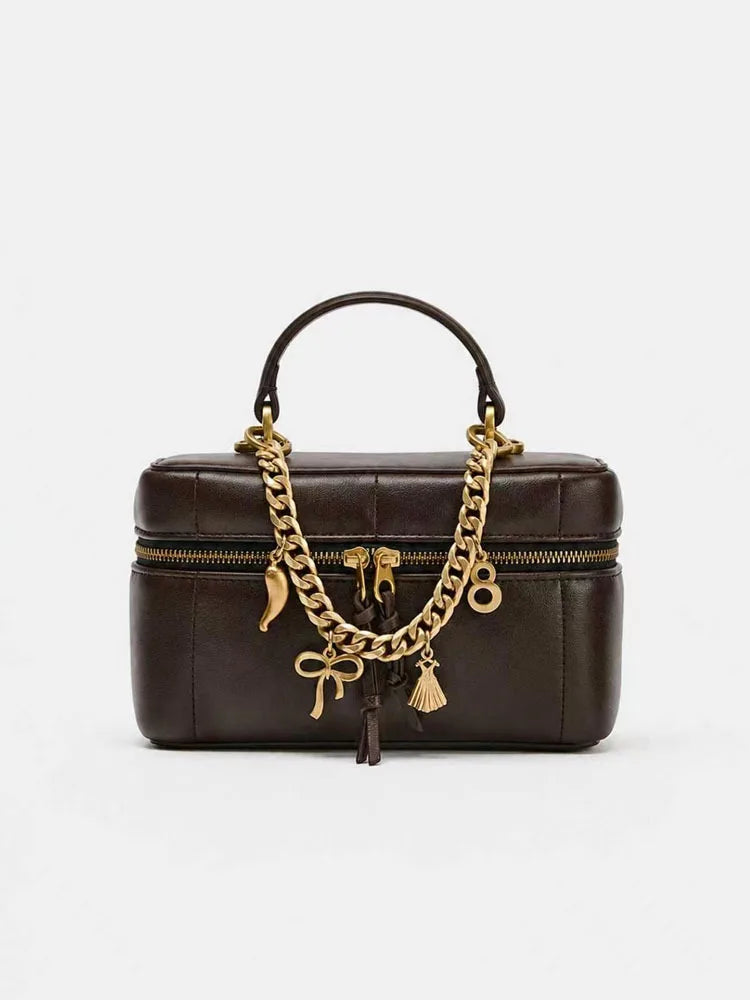 Womens Vintage National PU Leather Waterproof Quilted Chain Bag Black Crossbody Bag Bell Charm Top Handle for Date