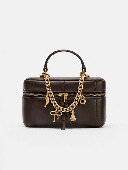 Womens Vintage National PU Leather Waterproof Quilted Chain Bag Black Crossbody Bag Bell Charm Top Handle for Date