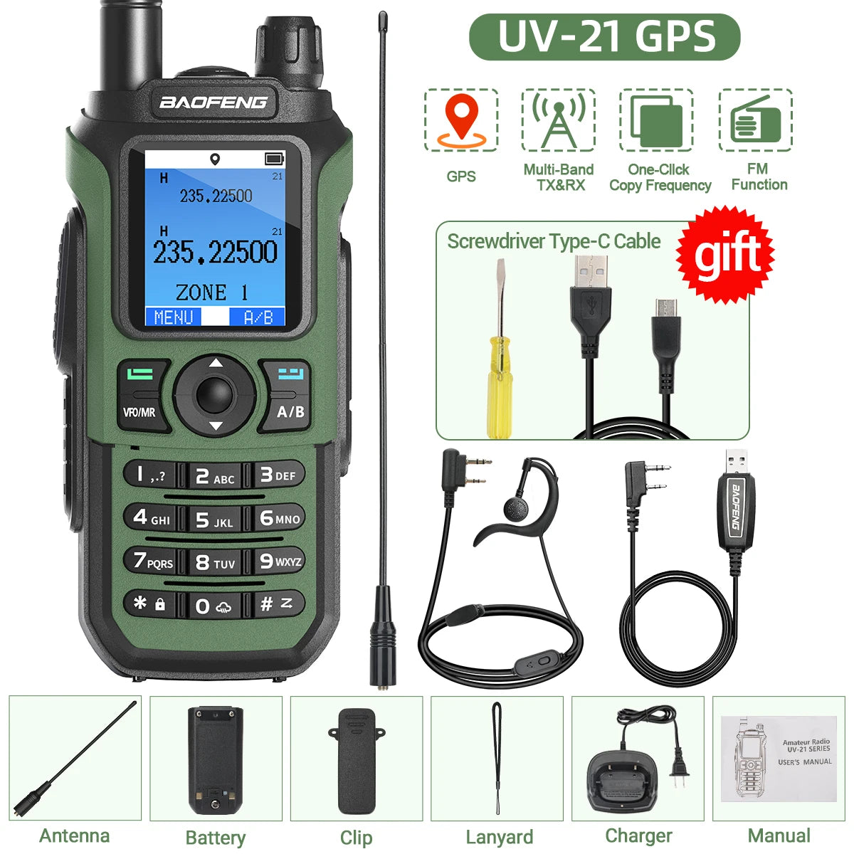 Baofeng UV-21 PRO Walkie Talkie GPS Portable Long Range Mutli-Band Wireless Copy Frequency Type-C Charger Radio Upgrade UV17 PRO