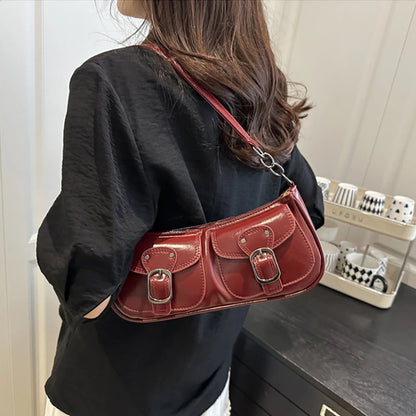Fashion Pu Leather Women's Shoulder Bag Small Double Pocket Design Ladies Underarm Bags Y2k Vintage Female Handbags Clutch Purse