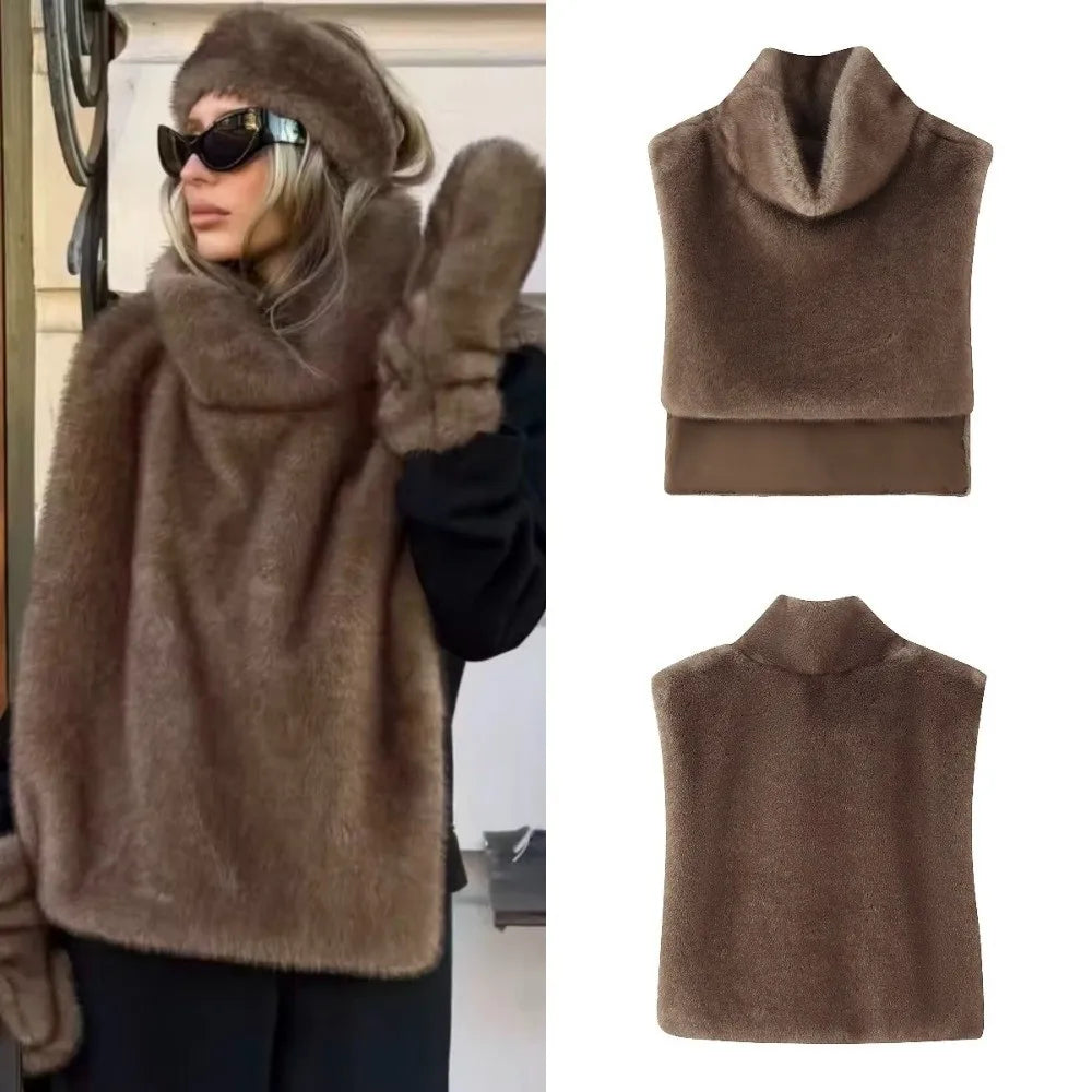 Trendy Outerwear Eco Mink Fur Turtleneck Tank Tops Fluffy Layering Piece Fashion Top Thicken High Collar Waistcoat Autumn Winter