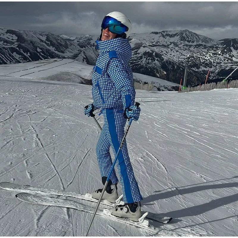 Thicken Print Cotton Jumpsuits Women High Neck Long Sleeves Zipper Belts Warm Ski Wears Female 2026 Winter New Chic Ski Jumpsuit