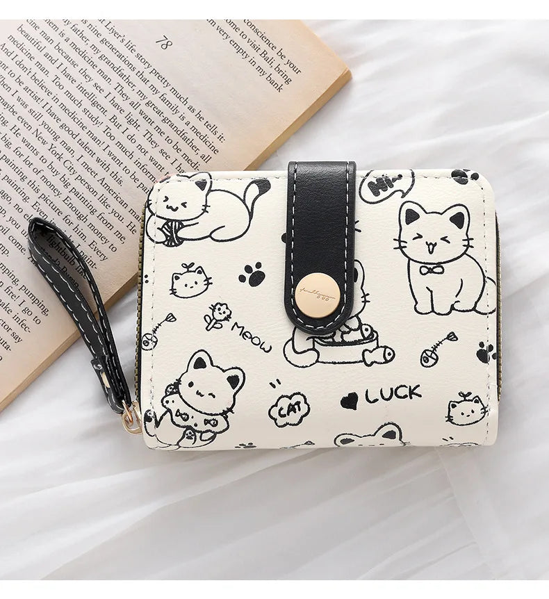 Cute Cat Coin Purse Women Fashion Short Wallet PU Leather Large Capacity Wallet Lightweight ID Card Holder Travel Cash Coin Bag