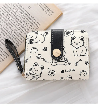 Cute Cat Coin Purse Women Fashion Short Wallet PU Leather Large Capacity Wallet Lightweight ID Card Holder Travel Cash Coin Bag