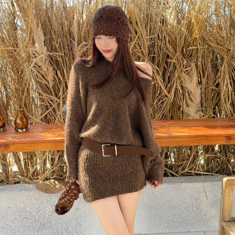 Off Shoulder Knit Mini Dress Women Slant Collar Long Sleeve Belt Autumn Dresses French Elegant Solid Sweet Aesthetic Retro Dress