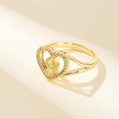 White Zircon 26 Letters A-Z Love Heart Open Adjustable Rings For Women Gold Silver Color Wedding Band Jewelry Mother's Day Gifts
