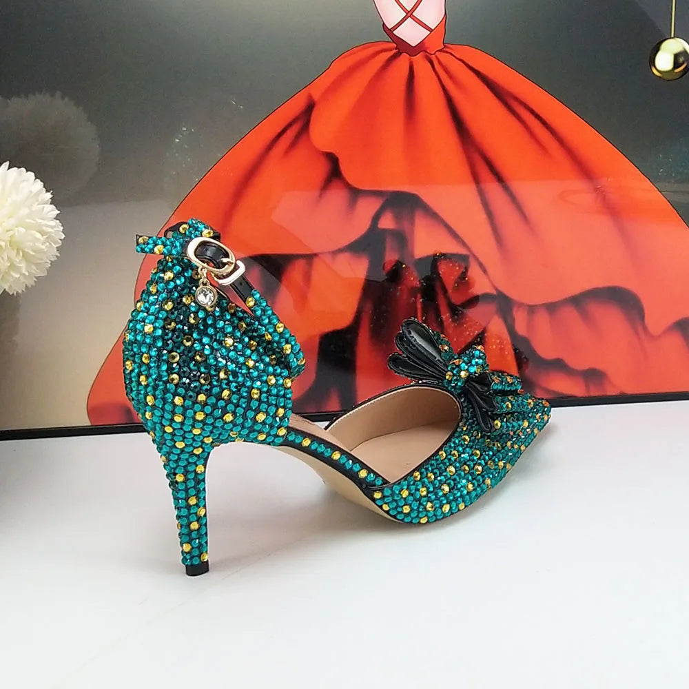 BaoYaFang 2024 New Arrival Teal Blue Strawberry Bridal Wedding Shoes and Bag Female Ladies Party Shoes Ankle Strap High Pumps