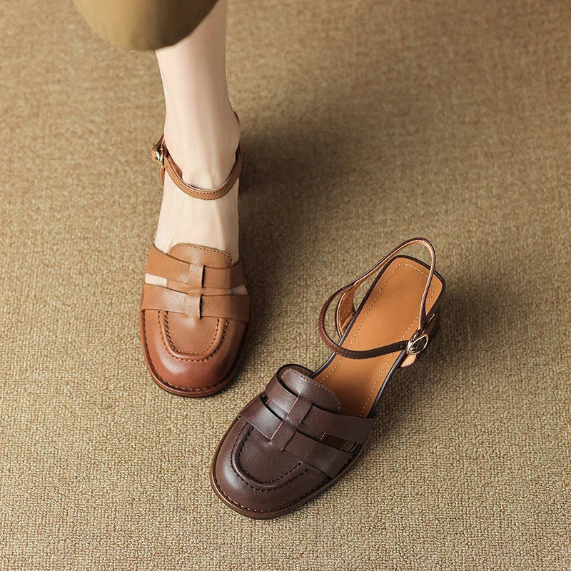 2026 New Size 34-43 Retro Genuine Leather Retro Sandals Woman Top Quality Ladies Buckle Summer Shoes Thick High Heels Sandals