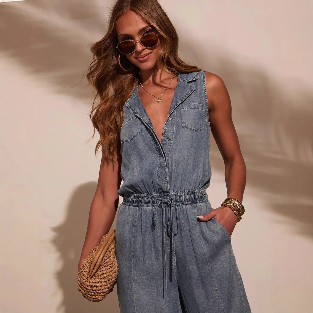 Women Jumpsuits Sleeveless Denim Pants One Piece Drawstring Pockets Rompers Solid Spliced Casual Button Jeans Overalls