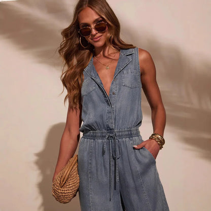 Women Jumpsuits Sleeveless Denim Pants One Piece Drawstring Pockets Rompers Solid Spliced Casual Button Jeans Overalls
