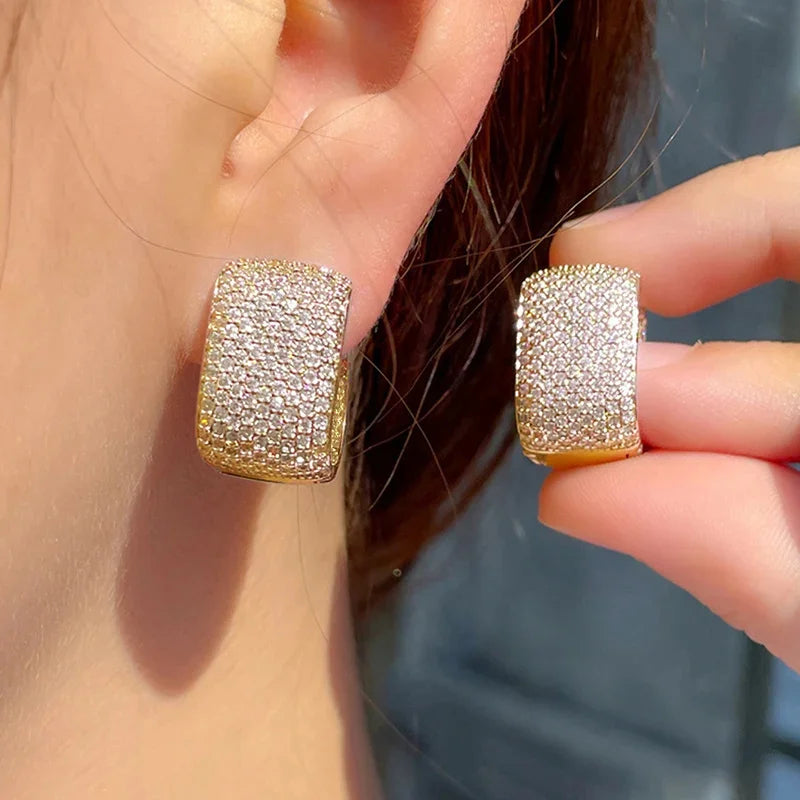Huitan Full Cubic Zirconia Hoop Earrings for Women Bling Bling Temperament Female Ear Accessories Luxury Bridal Wedding Jewelry