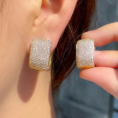 Huitan Full Cubic Zirconia Hoop Earrings for Women Bling Bling Temperament Female Ear Accessories Luxury Bridal Wedding Jewelry