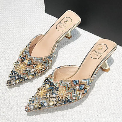 Luxury String Bead Decoration Design Brand High Heel Slippers Women Shiny Rhinestone Slide Sandals Elegant Wedding Bridal Shoes