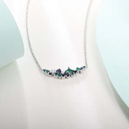 XCY Mixed Cut Lab Sapphire Emerald Moissanite Necklace for Women 925 Silver Curved Cluster Pendant Anniversary Fine Jewelry Gift
