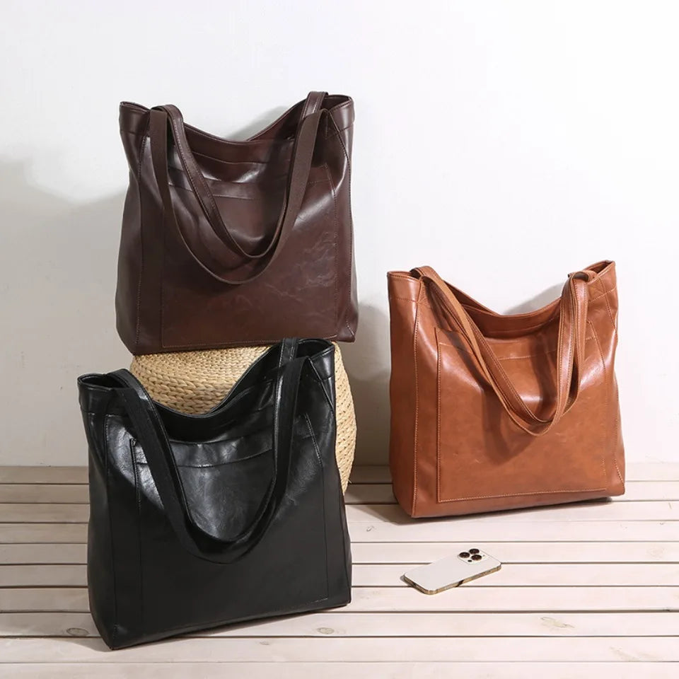 High Quality Oil Skin Leather Bucket Hand Bags for Women Female Shoulder Top-Handle Bag Luxury Handbas Women Large Commute Bags