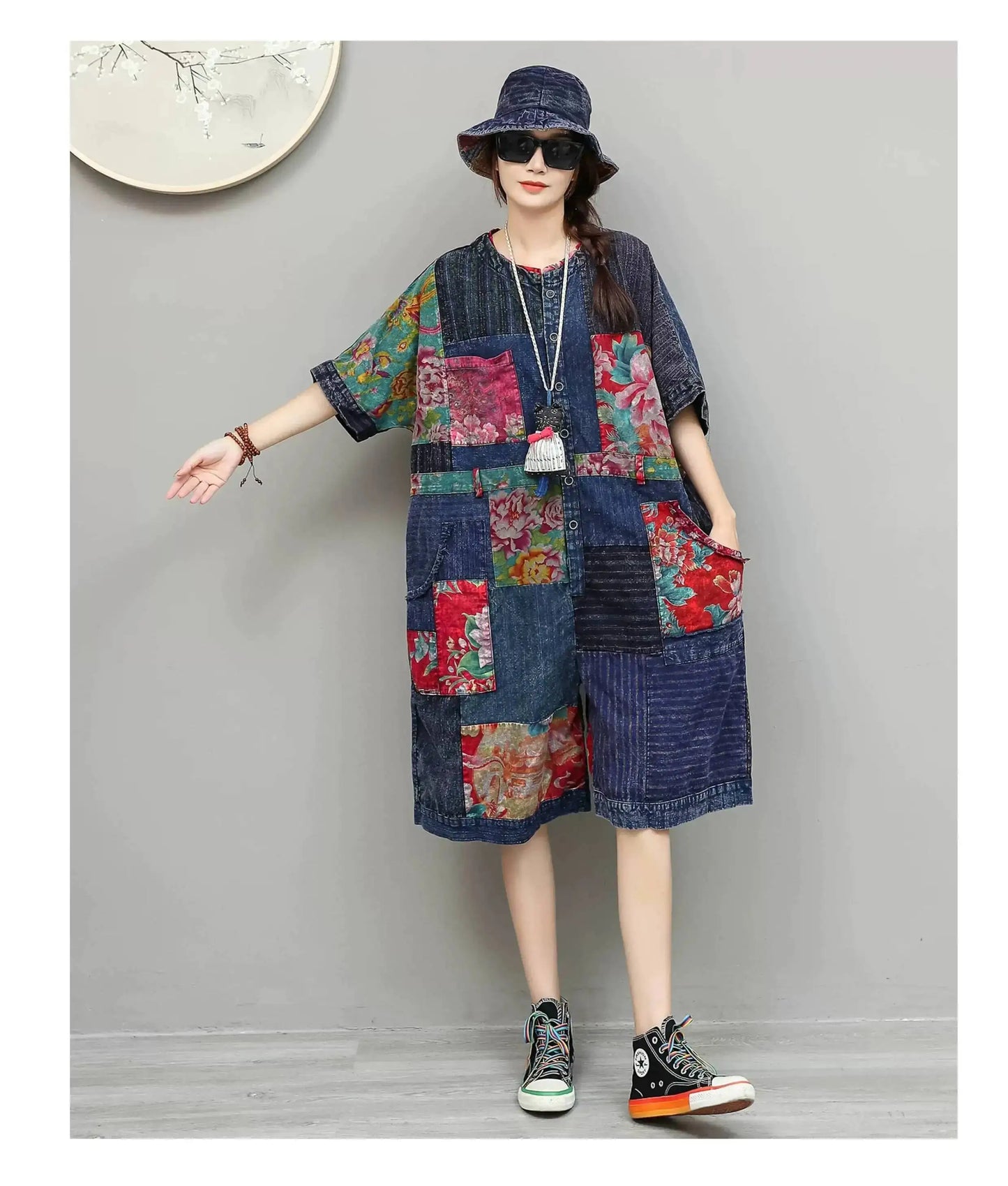 Unique Design Vintage-style Patchwork Large Floral Print Jumpsuit Women Summer Loose Casual Romper LX6155
