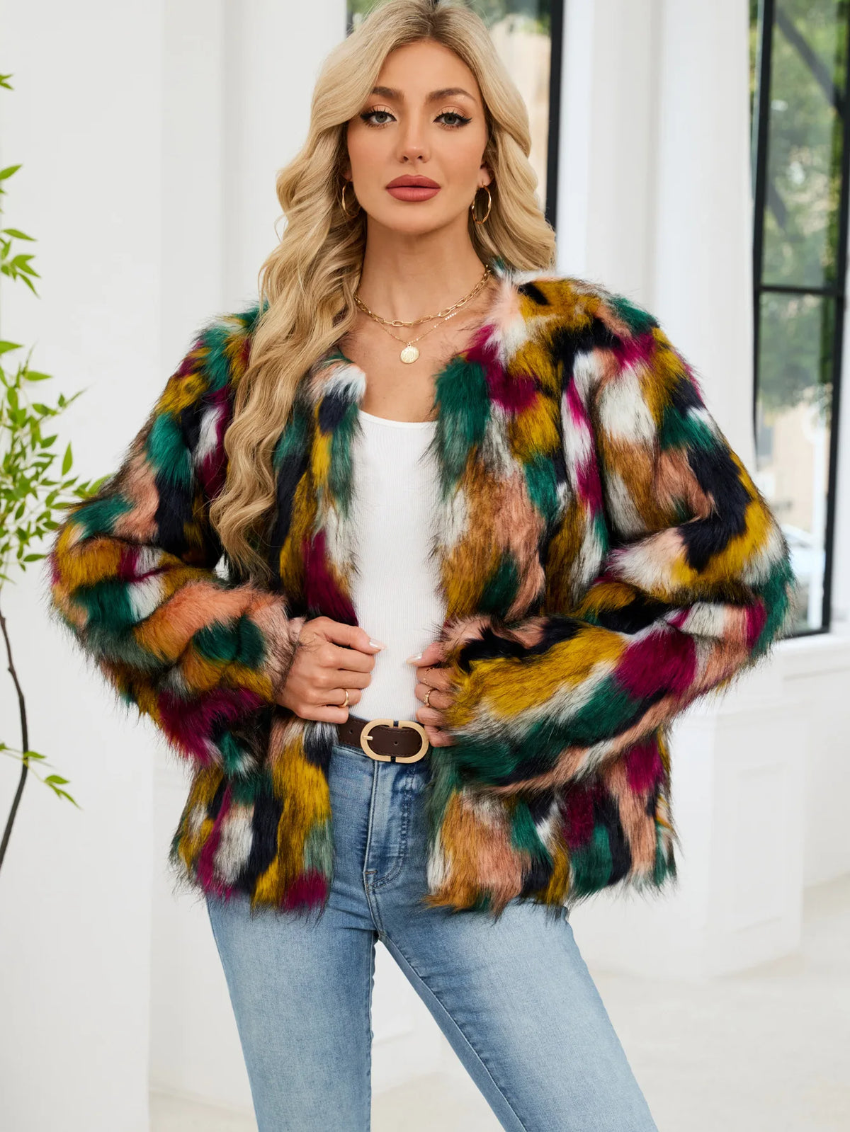 2026 Autumn Winter Color Print Faux Fur Coat Women Casual Long Sleeve Fluffy Plush Jacket O Neck Thick Fake Fur Warm Outwear
