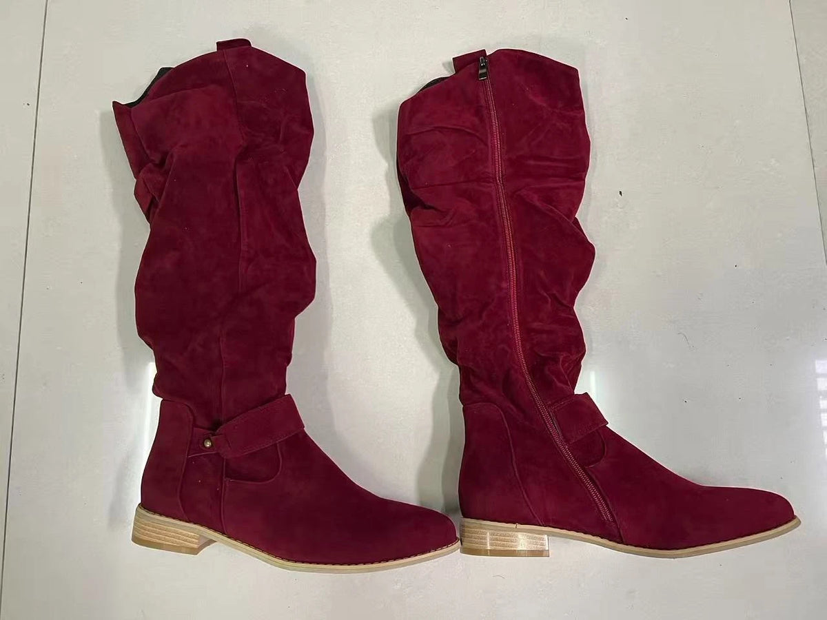 Women's Boots Suede Mid-Calf Boots Low Heel Side Zip Women Casual Shoes Autumn Winter Knee High Boot Retro Plus Size Long Boots