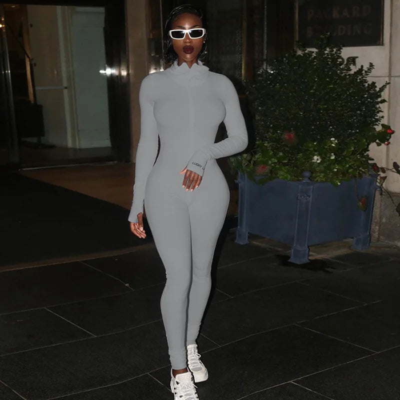 Fashion Workout Active Wear Ribbed Rompers Womens Jumpsuit Long Sleeve Fitness Embroidery Lucky Label Letter Zipper Jumpsuits