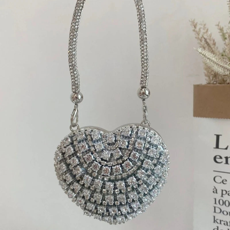 Heart Shape Diamond Evening Clutch Rhinestones Purse Ladies Fashion Bag Designer for Women Chain Shoulder Bag Luxury Small Bling