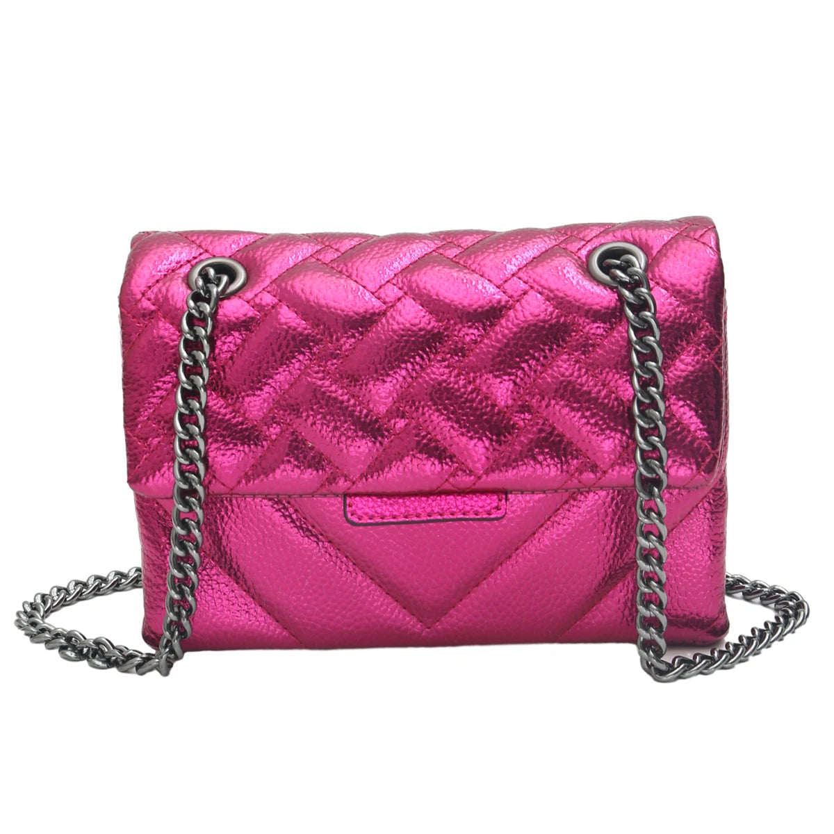 Women Fashion Metallic PU Vegan Leather Handbag Luxury Quilted Flap Messenger Shoulder Bag Long Chain Purse Daily Casual Travel