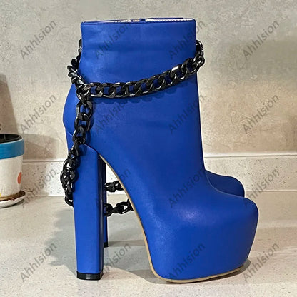 Ahhlsion New Women Winter Ankle Boots Platform Chunky Heels Chain Round Toe Pretty Blue Party Shoes Ladies US Plus Size 5-20
