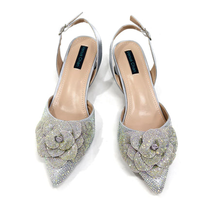 Italian Design Evening Shoes And Bags Paired With Handmade Petal Gold Colour Pointed Toe Mid-Heel Shoes For Women Party Shoes