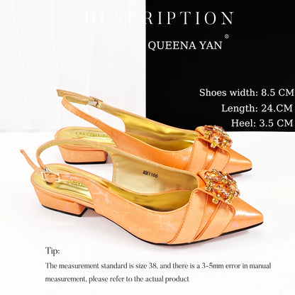 QueenaYan 2026 New Summer Collection Stylish Italian Women’s Shoes and Bag Set Gold Colour Comfortable Low Heels With Rhinestone