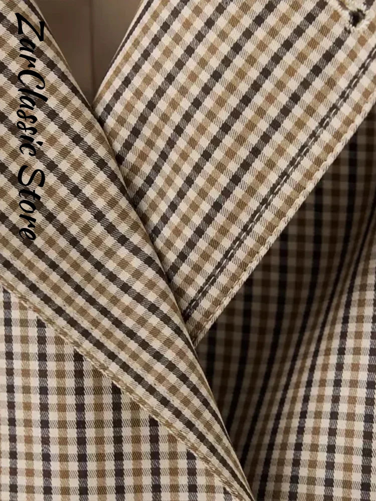 Vintage Plaid Women's Cropped Trench Coat Autumn Lapel Tie Waist Full Sleeve Windbreaker New Chic Casual Elegant Jacket 2026