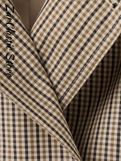Vintage Plaid Women's Cropped Trench Coat Autumn Lapel Tie Waist Full Sleeve Windbreaker New Chic Casual Elegant Jacket 2026