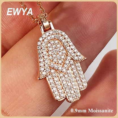 EWYA Hamsa Hand Full 0.9mm Moissanite Pendant Necklace for Woman Men 925 Silver Pass Diamond Test Hip Hop Fine Neck Jewelry Gift