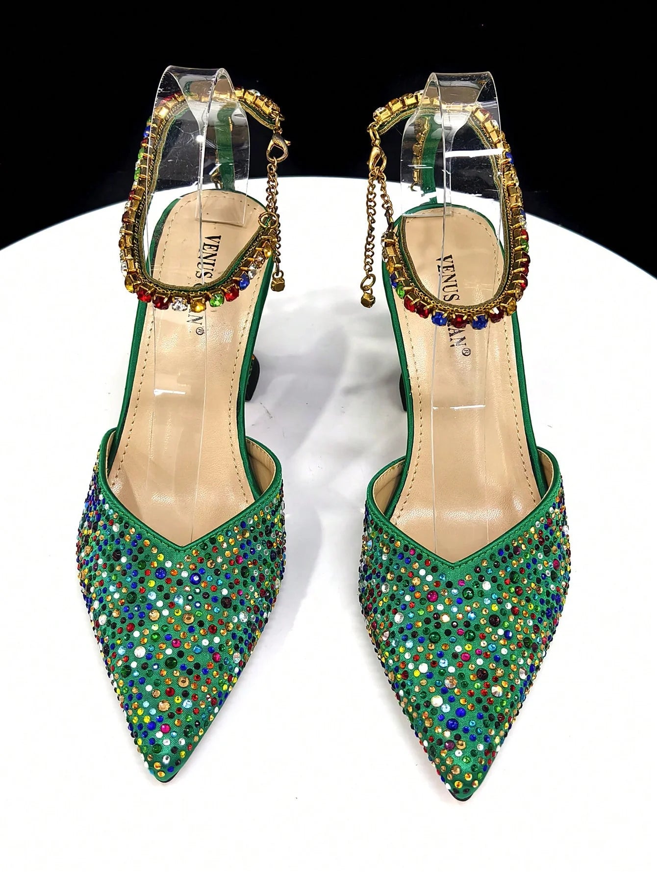 Vemus Chan 2026 New Shiny Italian Fashion Women’s Pointed Toe Heels with Rhinestone Detailing & Matching Green Color Bag Set