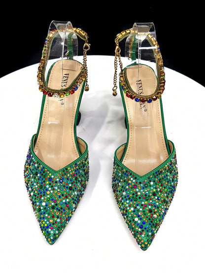 Vemus Chan 2026 New Shiny Italian Fashion Women’s Pointed Toe Heels with Rhinestone Detailing & Matching Green Color Bag Set