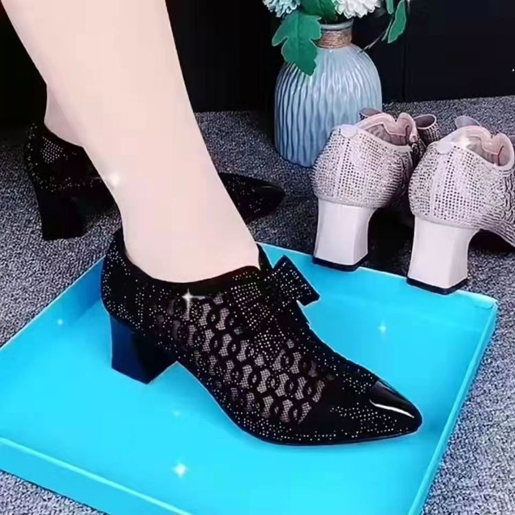 Women's Pointed Toe Sandals Luxury Breathable Mesh Bowknot Rhinestone Clear Elegant Mid-Heeled Simple Pump Shoes Mesh Sandals