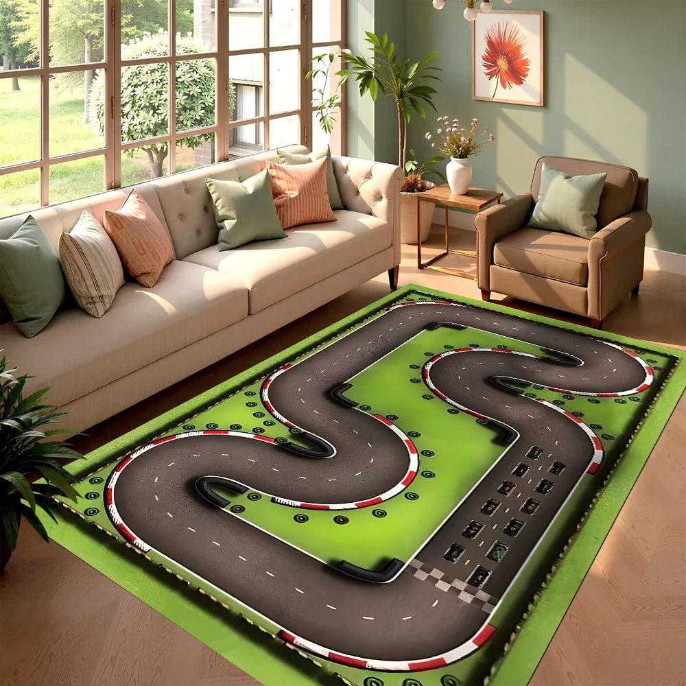 Dynamic Racing Track Game Carpet Race Circuit Area Rug Non Slip Floor Mat for Kids Room Playroom Home Decoration Bedroom Decor